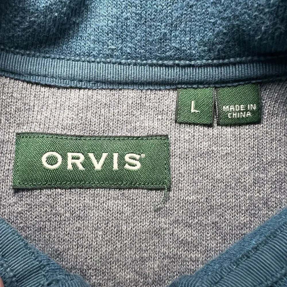 Orvis 1/4 Zip Pullover Mens Size L Teal Blue 100% Cotton Sweater Classic Casual